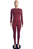Wine Red Wholesale Newest Ribber Long Sleeve O Neck T-Shirts Bodycon Pants Slim Fitting Solid Color Sets TC095-3
