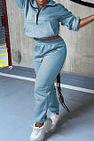 Drak Blue Autumn Winter Long Sleeve Zip Front Jumper Mid Waist Ankle Banded Pants Sport Sets TC089-5