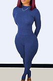 Blue Wholesale Newest Ribber Long Sleeve O Neck T-Shirts Bodycon Pants Slim Fitting Solid Color Sets TC095-1 