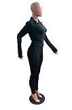 Black Wholesale Pure Color Long Sleeve Zip Front Tops Trousers Slim Fitting Sport Sets TC043-6