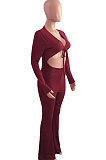 Black Sexy Club Ribber Long Sleeve Cardigan Strapless Hollow Out Flare Jumpsuits QZ6129-2