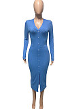 Blue Women Ribber Split Long Sleeve V Collar Single-Breasted Solid Color Bodycon Sexy Midi Dress Q969-1