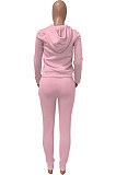 Khaki Women Autumn Winter Pure Color Hooded Fleece Pullover Casual Pants Sets Q972-5