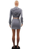Gray Women Sexy Hooded Top Zipper Long Sleeve Dew Waist Short Skirts Sets QMX1019-2