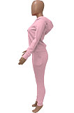 Pink Women Autumn Winter Pure Color Hooded Fleece Pullover Casual Pants Sets Q972-1