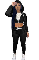 Black Women Cardigan Short Crop Zipper Hooded Tops Casual Pants Sets Q973-2