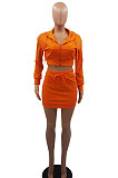 Orange Women Sexy Hooded Top Zipper Long Sleeve Dew Waist Short Skirts Sets QMX1019-1