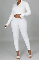 White Euramerican Women Solid Color Ribber High Collar Zipper Sexy High Elastic Bodycon Pants Sets QQM4333-2