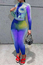 Blue Green Women Long Sleeve Round Collar Fashion Positioning Printing Bodycon Pants Sets AMN8027-2