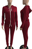 Wine Red Euramerican Women Pure Color Skinny Drawstring Cradigan Hooded Fleece Bodycon Pants Sets XQ1152-8