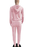 Pink Euramerican Women Pure Color Skinny Drawstring Cradigan Hooded Fleece Bodycon Pants Sets XQ1152-1
