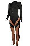 Black Euramerican Women Fashion Spliced Mesh Spaghetti Perspectivity Zipper Bodycon Jumpsuits BYQ1029