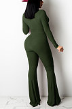 Army Green Women Solid Color Ribber Tied Crop High Waist Tiny Flared Bodycon Jumpsuits Q971-3