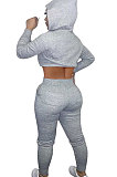 Gray Women Cardigan Short Crop Zipper Hooded Tops Casual Pants Sets Q973-1