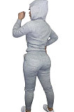Black Euramerican Women Pure Color Skinny Drawstring Cradigan Hooded Fleece Bodycon Pants Sets XQ1152-4