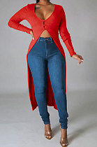 Red Euramerican Women Solid Color Cardigan Button Ribber Irregular Coat Q970-1