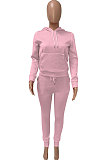 Khaki Women Autumn Winter Pure Color Hooded Fleece Pullover Casual Pants Sets Q972-5