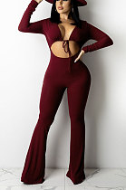 Wine Red Women Solid Color Ribber Tied Crop High Waist Tiny Flared Bodycon Jumpsuits Q971-1