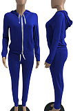 Blue Euramerican Women Pure Color Skinny Drawstring Cradigan Hooded Fleece Bodycon Pants Sets XQ1152-7