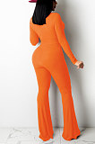 Orange Women Solid Color Ribber Tied Crop High Waist Tiny Flared Bodycon Jumpsuits Q971-2