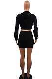 Black Women Sexy Hooded Top Zipper Long Sleeve Dew Waist Short Skirts Sets QMX1019-3