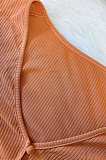 Orange Euramerican Women Solid Color Cardigan Button Ribber Irregular Coat Q970-3