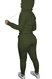 Army Green Euramerican Women Pure Color Skinny Drawstring Cradigan Hooded Fleece Bodycon Pants Sets XQ1152-10