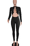Black Women Long Sleeve Solid Color Round Collar Chain Cross Hollow Out  Bodycon Jumpsuits BYQ1027-2
