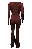 Wine Red Women Solid Color Ribber Tied Crop High Waist Tiny Flared Bodycon Jumpsuits Q971-1