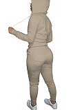 Brown Euramerican Women Pure Color Skinny Drawstring Cradigan Hooded Fleece Bodycon Pants Sets XQ1152-9