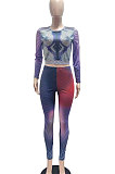 Blue Green Women Long Sleeve Round Collar Fashion Positioning Printing Bodycon Pants Sets AMN8027-2