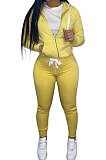 Yellow Euramerican Women Pure Color Skinny Drawstring Cradigan Hooded Fleece Bodycon Pants Sets XQ1152-2