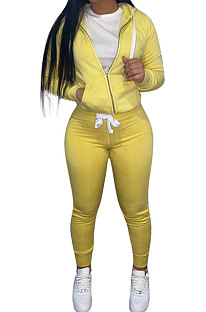 Yellow Euramerican Women Pure Color Skinny Drawstring Cradigan Hooded Fleece Bodycon Pants Sets XQ1152-2