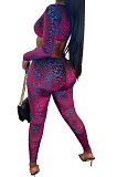 Wine Red Women Fashion Sexy Printing V Collar Dew Waist Bodycon Jumpsuits BYQ1030