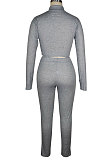 Gray Euramerican Women Solid Color Ribber High Collar Zipper Sexy High Elastic Bodycon Pants Sets QQM4333-1