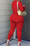 Red Women Long Sleeve Solid Color Round Collar Chain Cross Hollow Out  Bodycon Jumpsuits BYQ1027-1