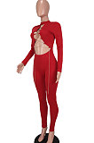 Red Women Long Sleeve Solid Color Round Collar Chain Cross Hollow Out  Bodycon Jumpsuits BYQ1027-1