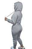 Gray Women Autumn Winter Pure Color Hooded Fleece Pullover Casual Pants Sets Q972-4
