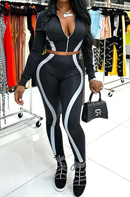 Black Women Trendy Casual Long Sleeve Cardigan Zipper Dew Waist Sport Pants Sets BYQ1032