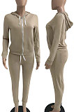 Brown Euramerican Women Pure Color Skinny Drawstring Cradigan Hooded Fleece Bodycon Pants Sets XQ1152-9