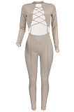 Apricot Women Long Sleeve Solid Color Round Collar Chain Cross Hollow Out  Bodycon Jumpsuits BYQ1027-3