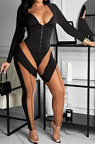 Black Euramerican Women Fashion Spliced Mesh Spaghetti Perspectivity Zipper Bodycon Jumpsuits BYQ1029