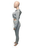 Gray Women Cardigan Short Crop Zipper Hooded Tops Casual Pants Sets Q973-1