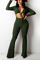 Army Green Women Solid Color Ribber Tied Crop High Waist Tiny Flared Bodycon Jumpsuits Q971-3
