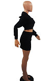 Gray Women Sexy Hooded Top Zipper Long Sleeve Dew Waist Short Skirts Sets QMX1019-2