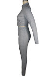 Gray Euramerican Women Solid Color Ribber High Collar Zipper Sexy High Elastic Bodycon Pants Sets QQM4333-1