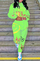Apple Green Women Trendy Hooded Fleece Pullover Positioning Printing Pats Sets LSZ91188-2