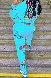 Sky Blue Women Trendy Hooded Fleece Pullover Positioning Printing Pats Sets LSZ91188-3