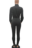 Black Women Long Sleeve Trendy Casual Pure Color High Elastic Pants Sets MR2128-1