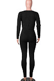 Black Women Kink Tops Solid Color V Collar Sweater Pants Sets MA6610-1
